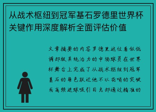 从战术枢纽到冠军基石罗德里世界杯关键作用深度解析全面评估价值 从战术枢纽到冠军基石罗德里世界杯关键作用深度解析全面评估价值