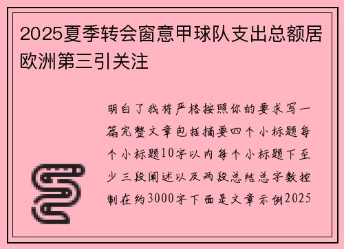 2025夏季转会窗意甲球队支出总额居欧洲第三引关注